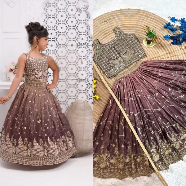 Dark Mauve Soft Chinon Silk Party Wear Lehenga Choli with Butterfly Net Dupatta Girls Wear