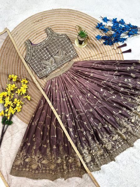 Dark Mauve Soft Chinon Silk Party Wear Lehenga Choli with Butterfly Net Dupatta Girls Wear
