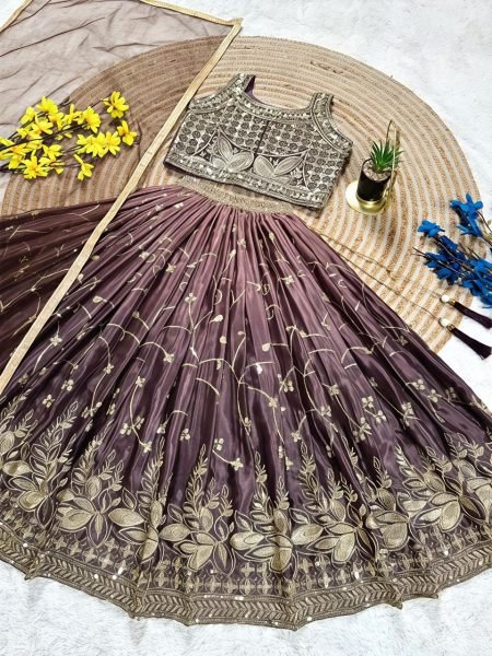 Dark Mauve Soft Chinon Silk Party Wear Lehenga Choli with Butterfly Net Dupatta Girls Wear