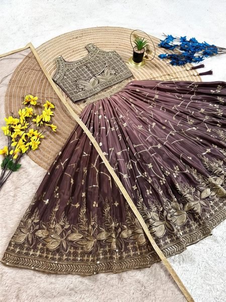 Dark Mauve Soft Chinon Silk Party Wear Lehenga Choli with Butterfly Net Dupatta Girls Wear