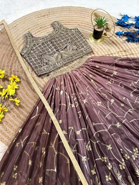 Dark Mauve Soft Chinon Silk Party Wear Lehenga Choli with Butterfly Net Dupatta Girls Wear