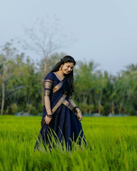 Dark Navy Blue Kanchi Cotton Half Saree Lehenga set For South Indian Festival  Half Saree Lehenga