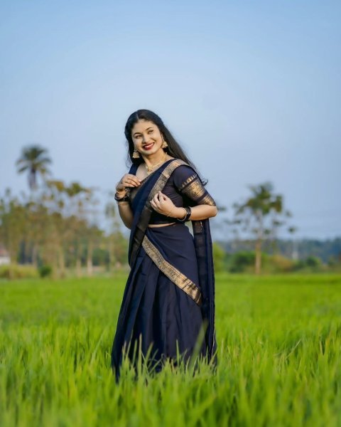 Dark Navy Blue Kanchi Cotton Half Saree Lehenga set For South Indian Festival  Half Saree Lehenga