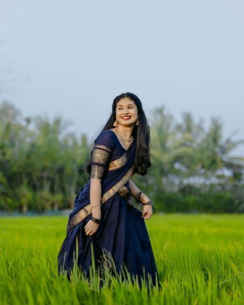 Dark Navy Blue Kanchi Cotton Half Saree Lehenga set For South Indian Festival  Half Saree Lehenga