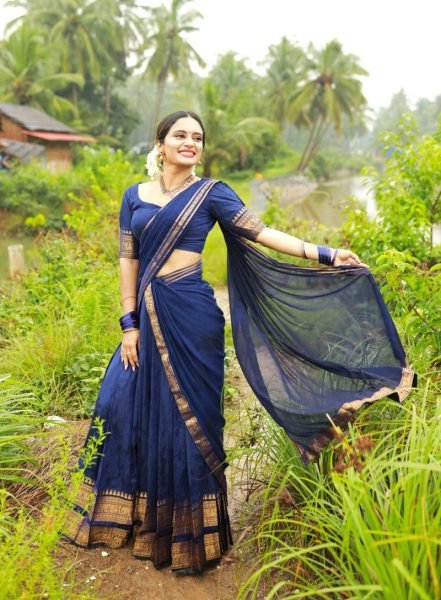 Dark Navy Blue Kanchi Cotton Half Saree Lehenga set For South Indian Festival  Half Saree Lehenga