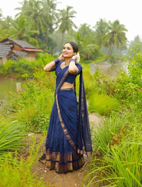 Dark Navy Blue Kanchi Cotton Half Saree Lehenga set For South Indian Festival  Half Saree Lehenga