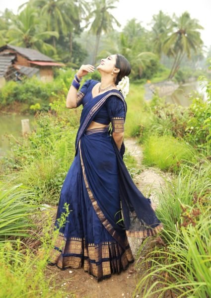 Dark Navy Blue Kanchi Cotton Half Saree Lehenga set For South Indian Festival  Half Saree Lehenga