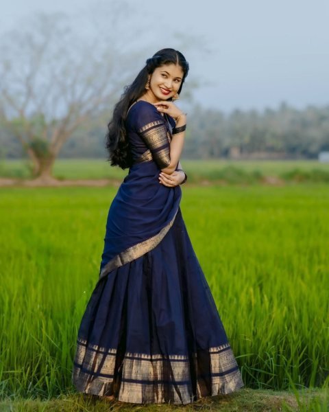 Dark Navy Blue Kanchi Cotton Half Saree Lehenga set For South Indian Festival  Half Saree Lehenga