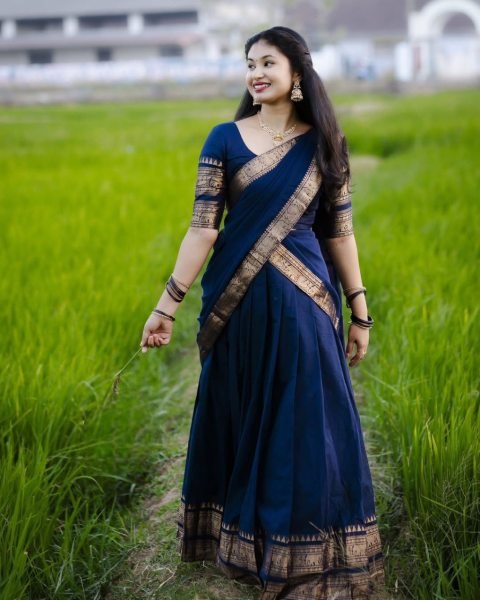 Dark Navy Blue Kanchi Cotton Half Saree Lehenga set For South Indian Festival  Half Saree Lehenga