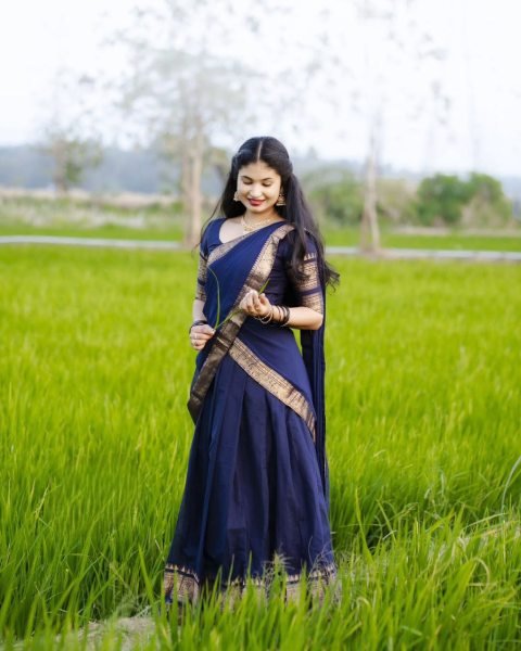 Dark Navy Blue Kanchi Cotton Half Saree Lehenga set For South Indian Festival  Half Saree Lehenga