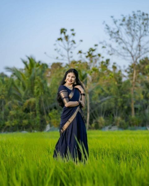 Dark Navy Blue Kanchi Cotton Half Saree Lehenga set For South Indian Festival  Half Saree Lehenga