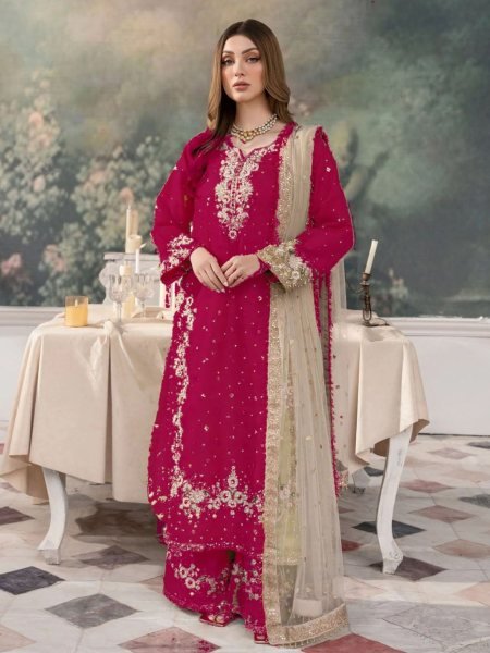Dark Pink Jimmy Choo Suit Set with Heavy Embroidery & Fancy Dupatta Set Ready To Wear Collection