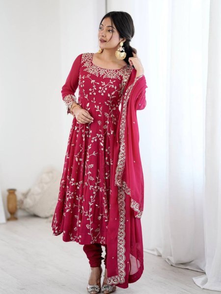 Dark Pink Premium Faux Georgette Heavy Embroidery Gown Set with Churidar and Lace Dupatta Ready To Wear  Ready To Wear Suit