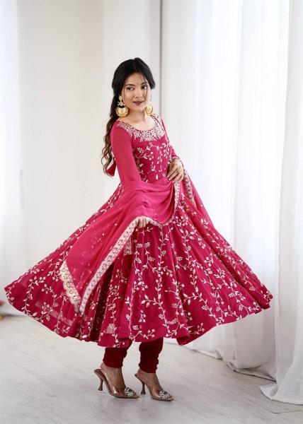 Dark Pink Premium Faux Georgette Heavy Embroidery Gown Set with Churidar and Lace Dupatta Ready To Wear  Ready To Wear Collection