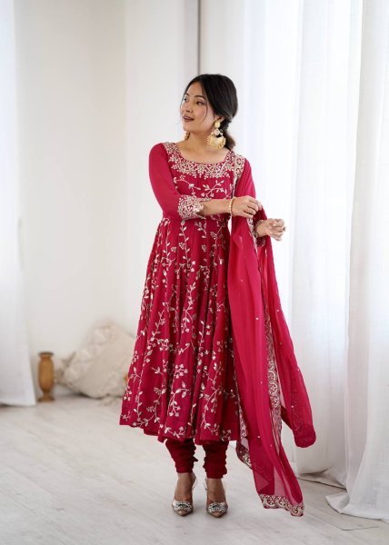 Dark Pink Premium Faux Georgette Heavy Embroidery Gown Set with Churidar and Lace Dupatta Ready To Wear  Ready To Wear Collection