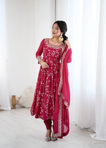 Dark Pink Premium Faux Georgette Heavy Embroidery Gown Set with Churidar and Lace Dupatta Ready To Wear  Ready To Wear Collection