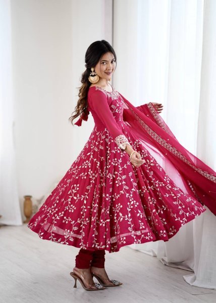 Dark Pink Premium Faux Georgette Heavy Embroidery Gown Set with Churidar and Lace Dupatta Ready To Wear  Ready To Wear Collection