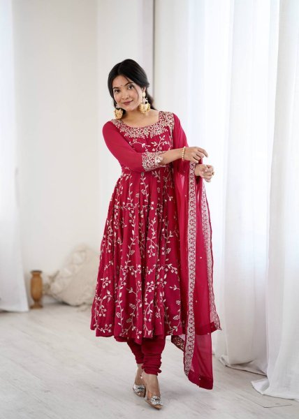 Dark Pink Premium Faux Georgette Heavy Embroidery Gown Set with Churidar and Lace Dupatta Ready To Wear  Ready To Wear Collection