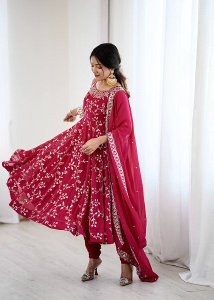 Dark Pink Premium Faux Georgette Heavy Embroidery Gown Set with Churidar and Lace Dupatta Ready To Wear  Ready To Wear Collection