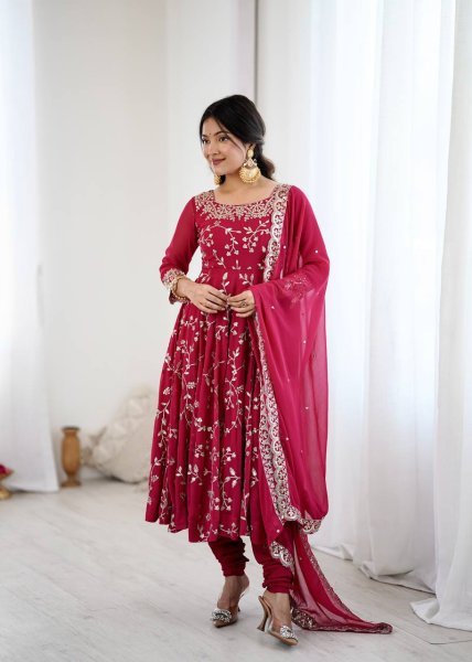 Dark Pink Premium Faux Georgette Heavy Embroidery Gown Set with Churidar and Lace Dupatta Ready To Wear  Ready To Wear Collection