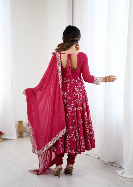 Dark Pink Premium Faux Georgette Heavy Embroidery Gown Set with Churidar and Lace Dupatta Ready To Wear  Ready To Wear Collection