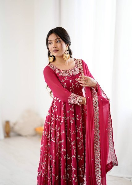 Dark Pink Premium Faux Georgette Heavy Embroidery Gown Set with Churidar and Lace Dupatta Ready To Wear  Ready To Wear Collection