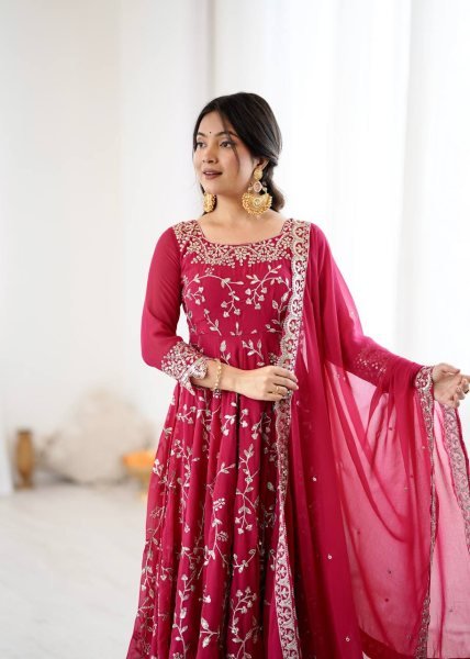 Dark Pink Premium Faux Georgette Heavy Embroidery Gown Set with Churidar and Lace Dupatta Ready To Wear  Ready To Wear Collection