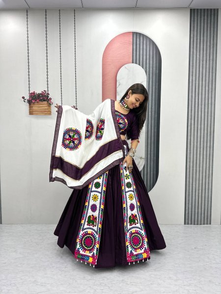 Dark Plum Cotton Lehenga Choli with 6 Mtr Flair and Gamathi Embroidery Navratri Special  Navratri Lehnega Choli