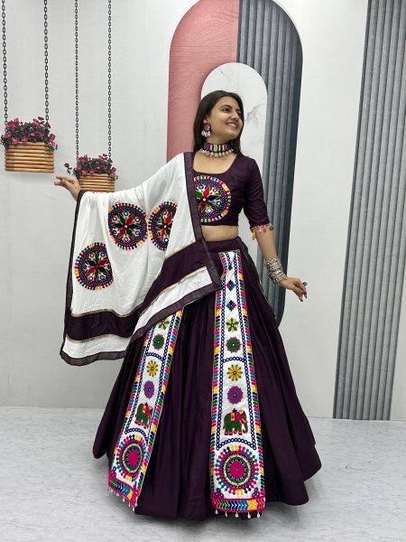 Dark Plum Cotton Lehenga Choli with 6 Mtr Flair and Gamathi Embroidery Navratri Special  Navratri Lehnega Choli