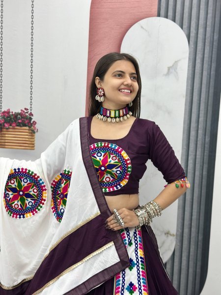 Dark Plum Cotton Lehenga Choli with 6 Mtr Flair and Gamathi Embroidery Navratri Special  Navratri Lehnega Choli