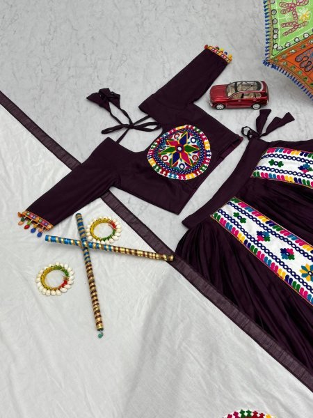 Dark Plum Cotton Lehenga Choli with 6 Mtr Flair and Gamathi Embroidery Navratri Special  Navratri Lehnega Choli