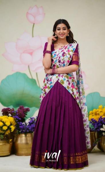 Dark Purple Color Kanjivaram Silk Lehenga Saree at Manufacturer Rates Half Saree Lehenga