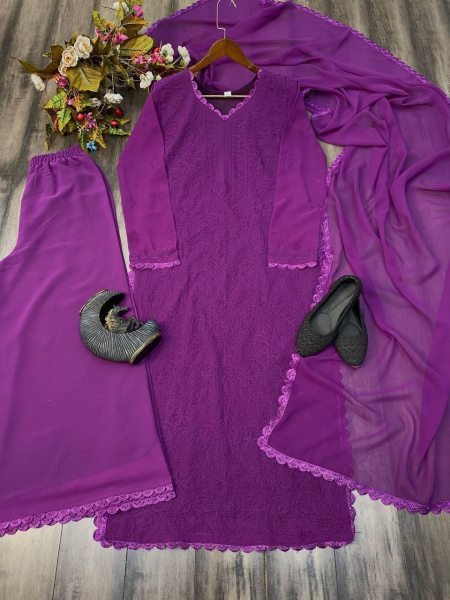 Dark Purple Color Trending Delta Fabric Chikankari Suit with Embroidery Work   Dupatta Ready to Wear at Wholesale Rate Lucknowi Chikankari Kurtis Wholesale