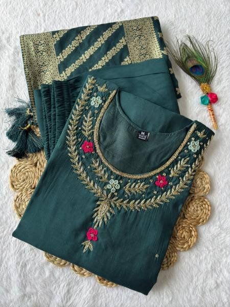 Dark Rama Green 3-Piece Kurti Set For Women At Best Rate 3 Piece Kurti Set