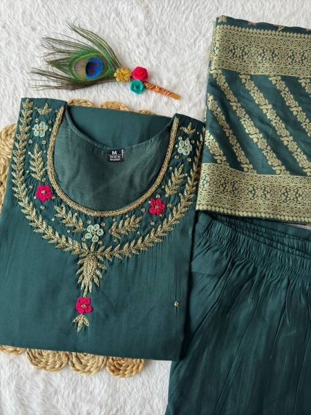 Dark Rama Green 3-Piece Kurti Set For Women At Best Rate 3 Piece Kurti Set