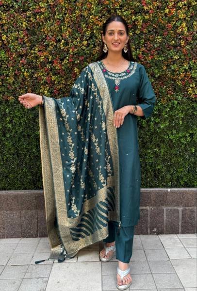 Dark Rama Green 3-Piece Kurti Set For Women At Best Rate 3 Piece Kurti Set