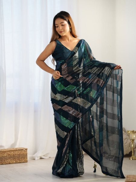 Dark Teal Georgette Partywear Saree with Sequin Embroidery & Tassels Wholesale Export Quality