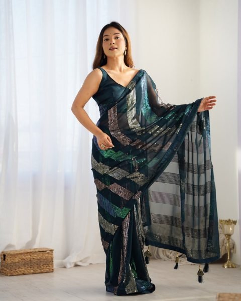 Dark Teal Georgette Partywear Saree with Sequin Embroidery & Tassels Wholesale Export Quality Georgette Sarees Wholesale