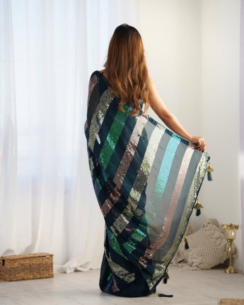 Dark Teal Georgette Partywear Saree with Sequin Embroidery & Tassels Wholesale Export Quality Georgette Sarees Wholesale