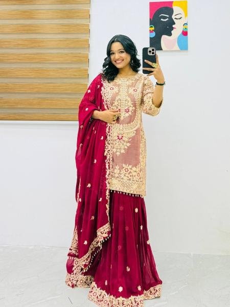 Dark Wine Crunchy Silk Embroidered Suit With Palazzo Set At Wholesale Rates 