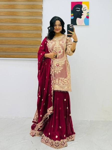 Dark Wine Crunchy Silk Embroidered Suit With Palazzo Set At Wholesale Rates Ready To Wear Collection