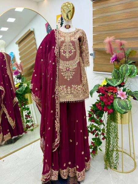 Dark Wine Crunchy Silk Embroidered Suit With Palazzo Set At Wholesale Rates Ready To Wear Collection