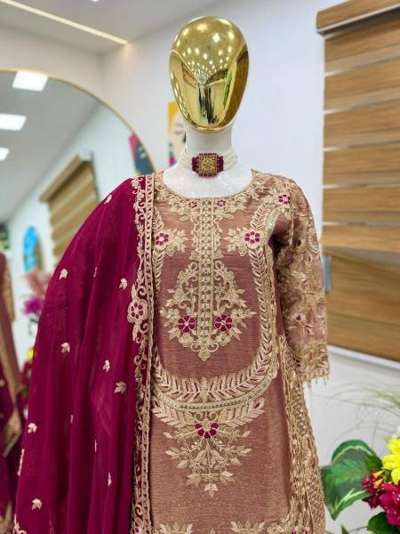 Dark Wine Crunchy Silk Embroidered Suit With Palazzo Set At Wholesale Rates Ready To Wear Collection
