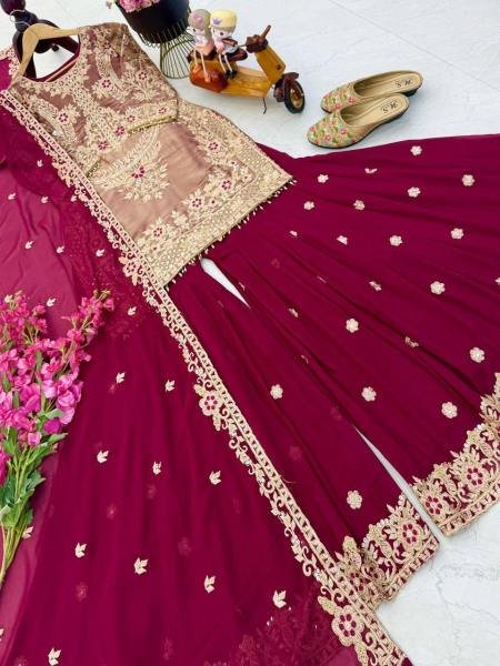 Dark Wine Crunchy Silk Embroidered Suit With Palazzo Set At Wholesale Rates Ready To Wear Collection