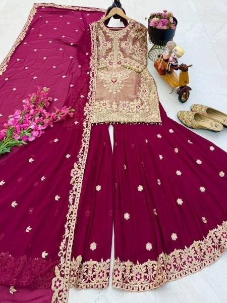 Dark Wine Crunchy Silk Embroidered Suit With Palazzo Set At Wholesale Rates Ready To Wear Collection