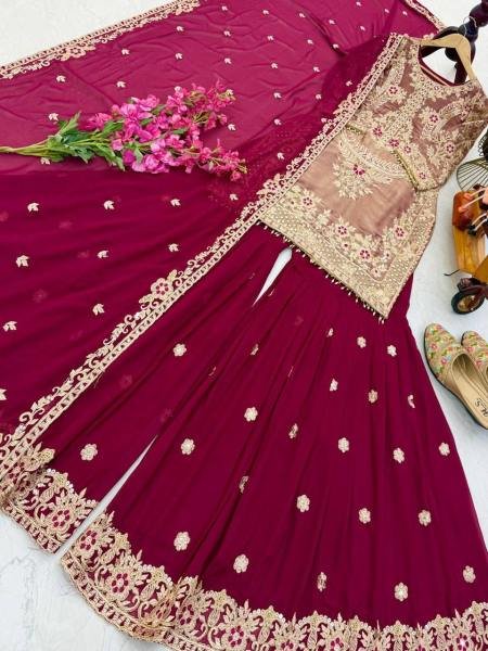 Dark Wine Crunchy Silk Embroidered Suit With Palazzo Set At Wholesale Rates Ready To Wear Collection