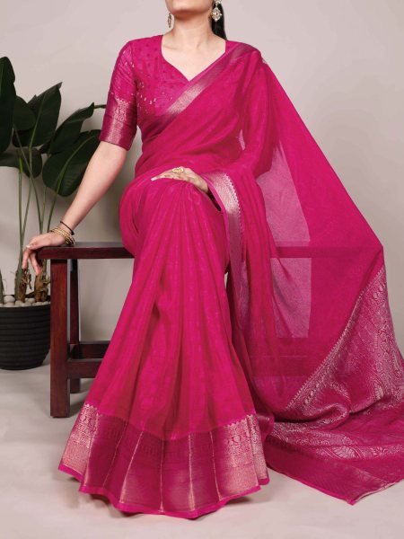 Day Function Perfect Blush Pink Chinon Saree with Intricate Zari Work & Subtle Shine 