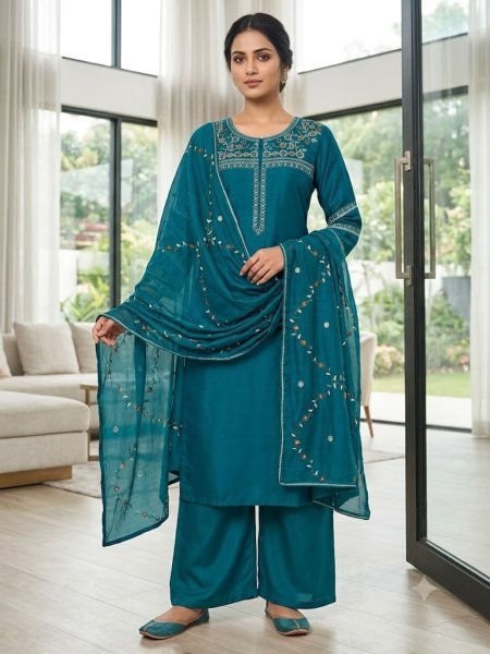 Dazzling Aqva Blue Viscose Round Kurti With Embroidery Neckline Kurtis