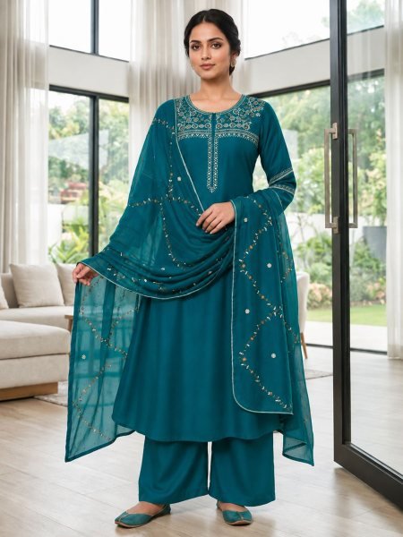 Dazzling Aqva Blue Viscose Round Kurti With Embroidery Neckline Kurtis