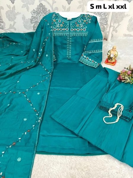 Dazzling Aqva Blue Viscose Round Kurti With Embroidery Neckline Embroidery Kurtis 